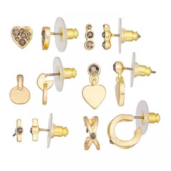 NWT Simply Vera Vera Wang Stud Earrings Set of 6 gold hearts, circles and hoops - Picture 5 of 6